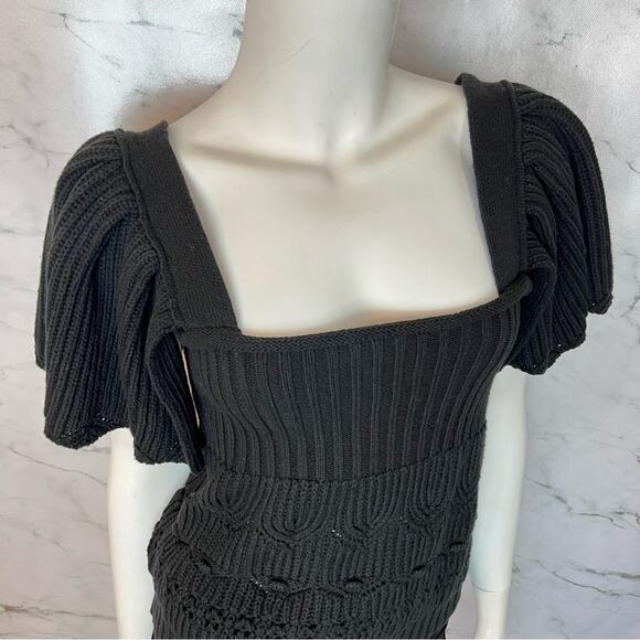 Entro Chunky Cable Knit Puff Ruffle Sleeve Square Neck Sweater Top Black Large - Picture 2 of 11